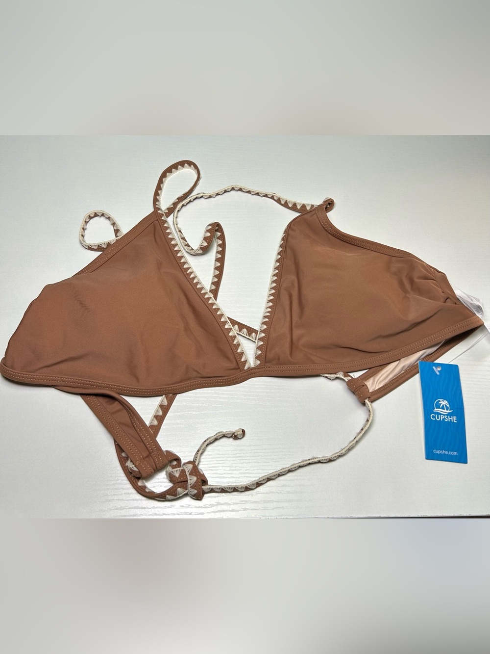 Brown CUPSHE bikini top features a triangle V-neck design